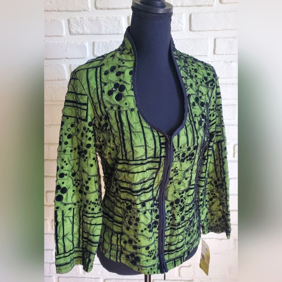 Cartisse Zipper Blouse Jacket Black & Green Mesh Unique Retro Size Large - Picture 2 of 13